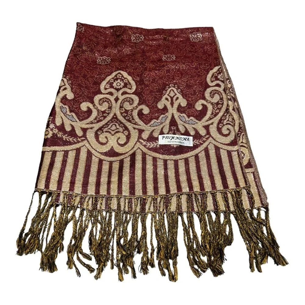 Pashmina Indie’s Fine Wool Scarf Burgundy Metallic Fringe Lightweight Neck Wrap